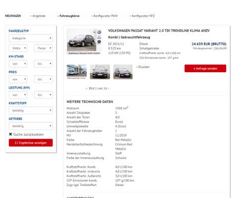 Screenshot der Fahrzeugbörse
